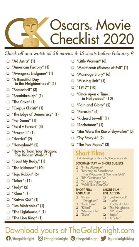 Oscars 2020 Download Our Printable Movie Checklist Oscar Movies