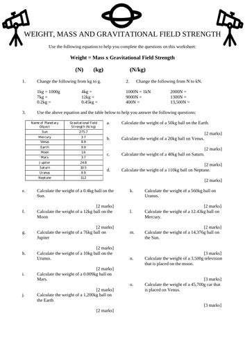 Gcse Physics Paper 2 Weight Mass And Gfs Calculations Worksheet With