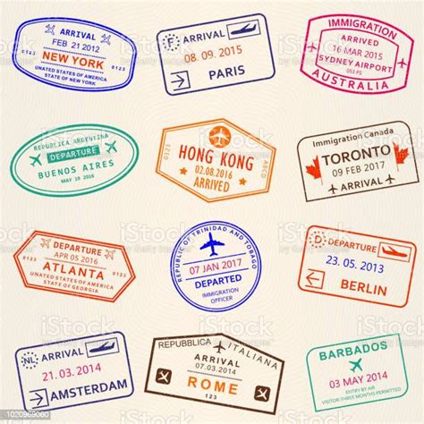 Visa Stamp Set Arrival And Departure Stamps From Passport International Travel Symbols Vector