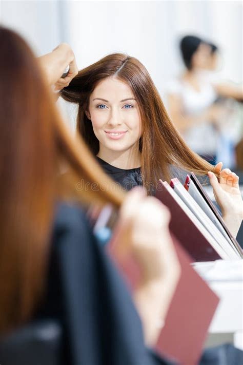 Reflection Of Hairdresser Doing Hairdo For Woman Stock Image Image Of
