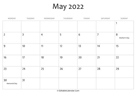 Editable Printable Calendar 2022 Gateffop