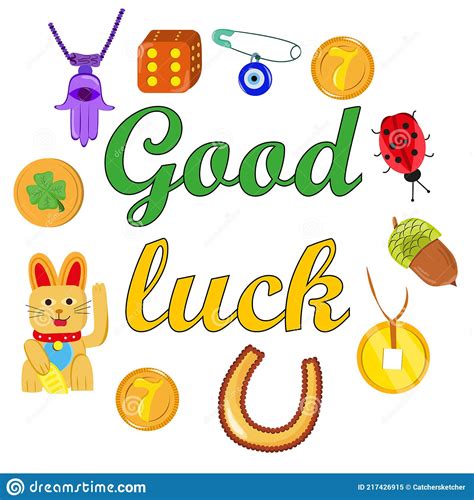 Good Fortune Symbols Set Collection Of Good Luck Symbols Colorful Card Template With