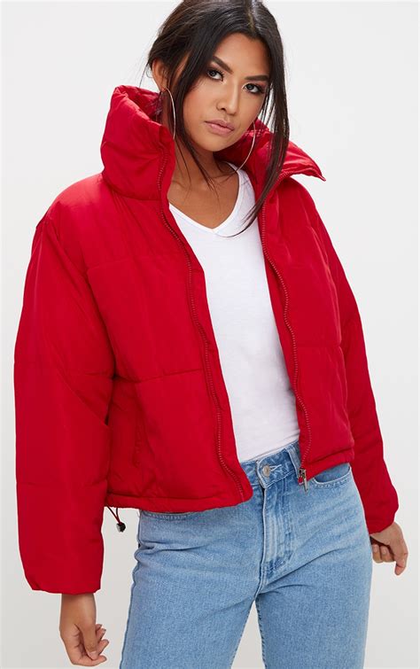 Red Cropped Puffer Jacket Coats And Jackets Prettylittlething