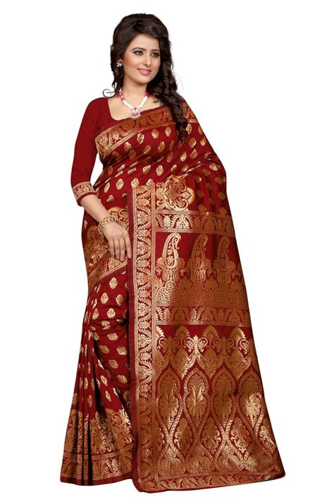 Buy Maroon Plain Banarasi Silk Saree With Blouse Online