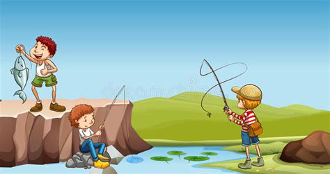 Three Boys Fishing At The River Stock Vector Illustration Of River