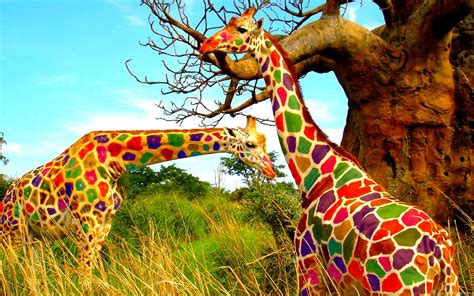 Tons of awesome cartoon 4k pc wallpapers to download for free. Funny colorful Giraffes in the jungle - HD animal wallpaper
