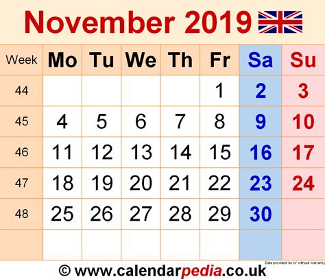 Calendar November 2019 Uk With Excel Word And Pdf Templates