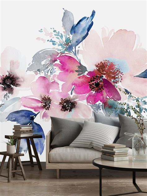 Removable Wallpaper Mural Peel And Stick Flowers Watercolor Blue Etsy