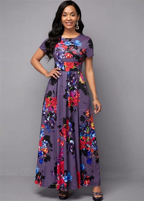 Short Sleeve High Waist Flower Print Dress Usd 3479 In 2020 Long African