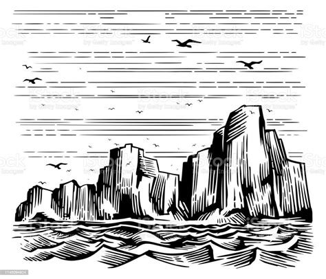Sea Cliffs And Seagulls Landscape Stock Illustration Download Image