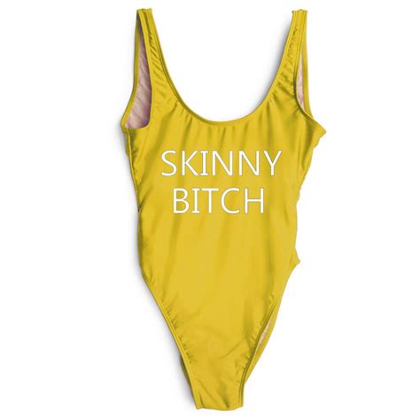 Skinny Bitch Funny Letter One Piece Suit Low Back Bodysuit High Waist Bathing Suit Backless