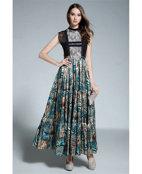 A Line High Neck Floral Print Floor Length Evening Dress With Lace