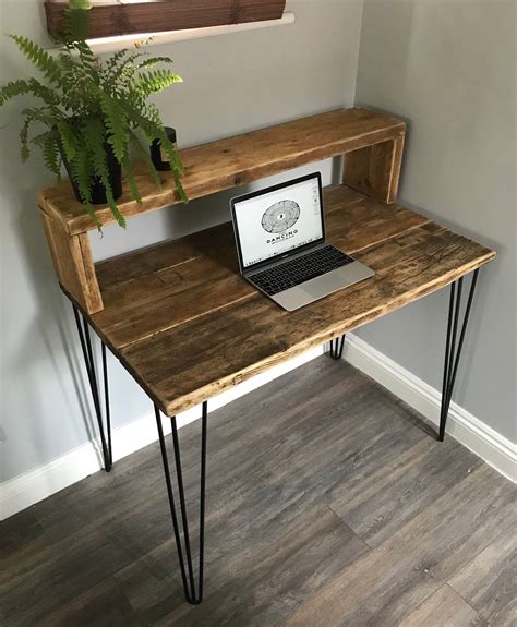 Duddon Rustic Desk With Shelf Riser And Metal Hairpin Legs For Etsy