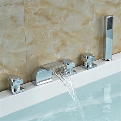 Polished Chrome 5pcs Waterfall Bathroom Bath Tub Mixer Faucet Deck Mount 5 Holes Bathtub Filler