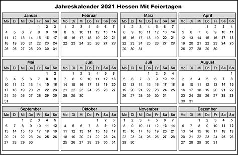 Kostenlos Druckbar Jahreskalender 2021 Hessen Kalender Zum Ausdrucken