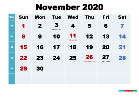 Free November 2020 Printable Calendar With Holidays