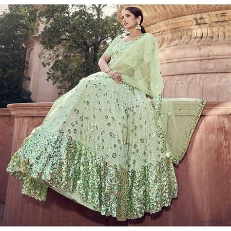 Pista Green Soft Net Sequence Work Bridal Lehenga Choli Designer