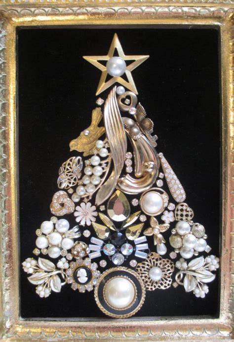 Jeweled Framed Jewelry Christmas Tree Vintage Black Gold Cream