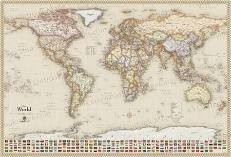 Classic Antique Map Style Executive World Map With Flags