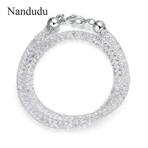Nandudu Long Chain Bracelet Wire Mesh Austrian Crystal Two Laps Bangle Fashion Women Girl Double