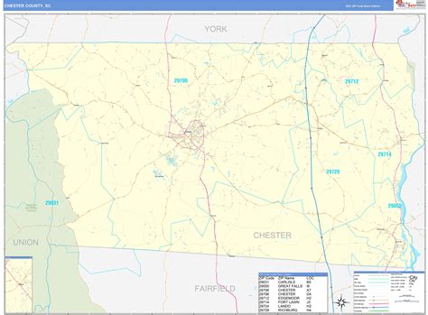 Chester County, SC Zip Code Wall Map Basic Style by MarketMAPS