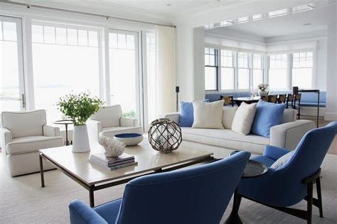 Large selection in black, white brown, red, beige if you're interested in relaxing, we have chaise chairs, recliner sofas, and sofas with ottomans if you have a particular color theme like grey or blue in your home, it's best to mix and match your furniture. White Sofa with Blue Accent Chairs - Transitional - Living ...
