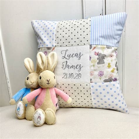 personalised blue and grey bunny name cushion by tuppenny house designs