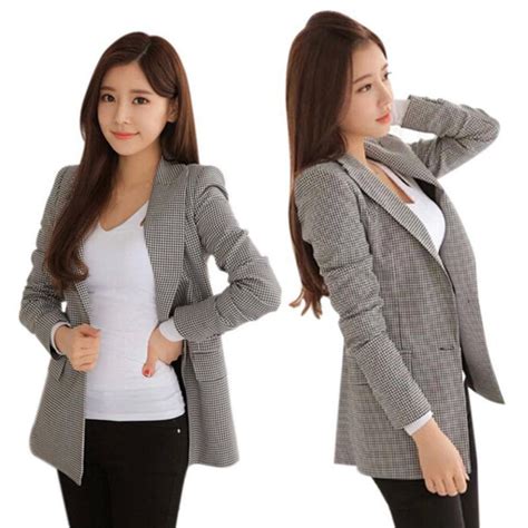 Women Plaid Long Sleeve Jackets Suit Ladies Work Wear Office Outerwear