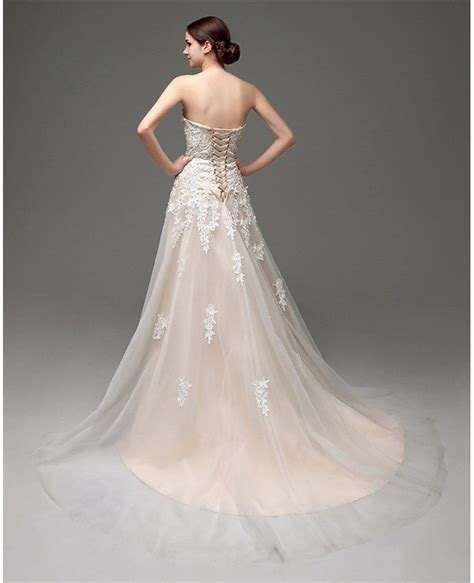 Inexpensive Strapless Lace Wedding Dress With Tulle Train H76035
