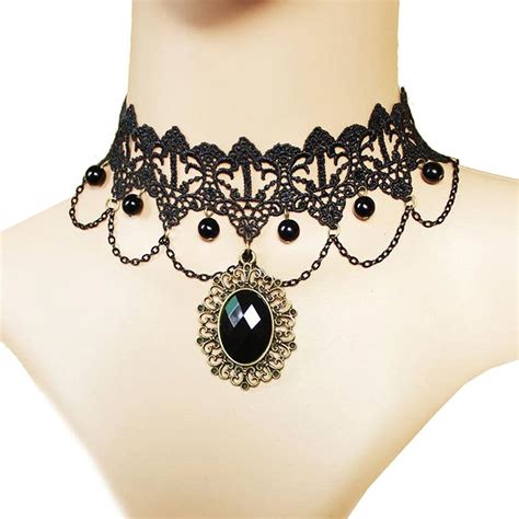Handmade Gothic Retro Vintage Women Lace Collar Choker Necklaces Water Drop Shape Pendant