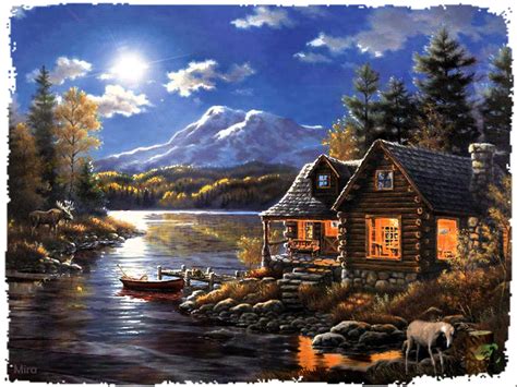 Thomas Kinkade Autumn Lake Painting Animated Pictures