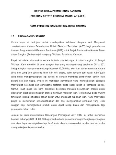 1 september 2010 (sekiranya permohonan dibuat pada 1 sumbangan kewangan daripada sumber lain (nyatakan agensi dan jumlah peruntukan); Contoh Kertas Kerja Permohonan Dana Perniagaan