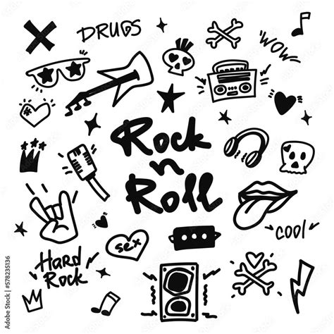 Rock N Roll Punk Music Doodle Set Graffiti Tattoo Hand Drawn Sticker