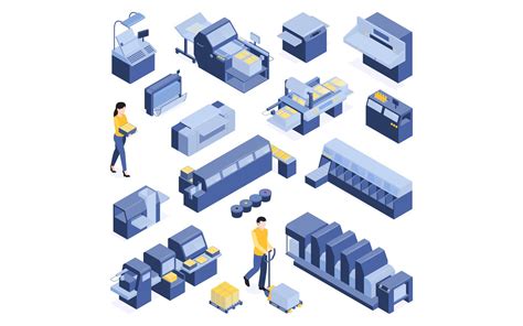 Isometric Polygraphy Printing House Set Vector Illustration Concept