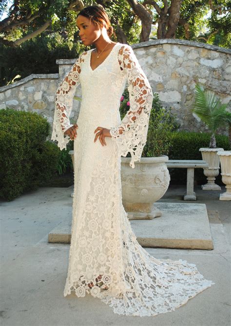 Boho Crochet Style Lace Gown With Bell Sleeves Dreamers
