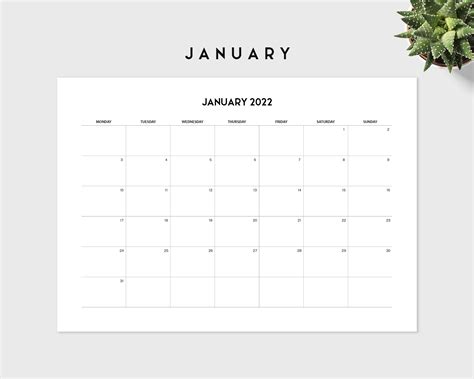 2022 Monthly Calendar Printable Template Landscape Sunday Monday Start