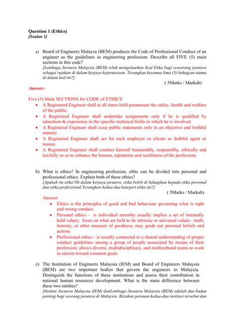 If you want to cultivate an ethical workforce, you must take deliberate. Question 1 (Ethics) Soalan 1 Board of Engineers Malaysa (BEM