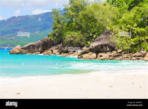 Landscape Of Beautiful Exotic Tropical Beach At Seychelle Island Stock