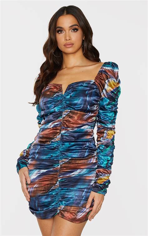 Multi Abstract Print Satin Ruched Bodycon Dress Prettylittlething Usa