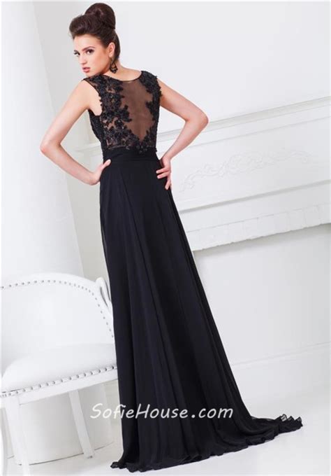 a line scoop neck illusion back black chiffon lace applique long evening prom dress