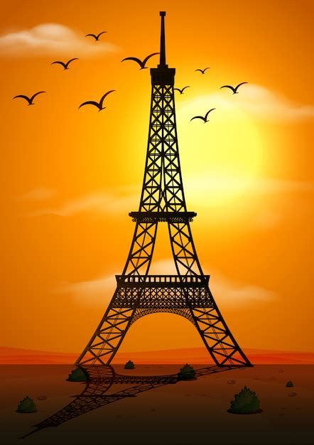 Escena De Silueta Con La Torre Eiffel Al Atardecer Vector Premium