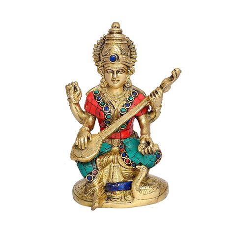 Metal Saraswati With Swan Statue Standard Multicolourdevi Saraswatibrass Devi Saraswati