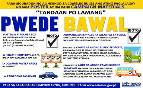 The purpose of a campaign is to not only send a message, but in a sense to help promote their advocacy towards a certain objective. Mga alintuntunin ng COMELEC sa paglalagay ng mga poster at ...