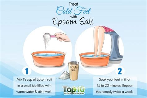 The epsom salt council advises soaking in an epsom salt bath for at least 12 minutes. Home Remedies for Cold Feet | Top 10 Home Remedies