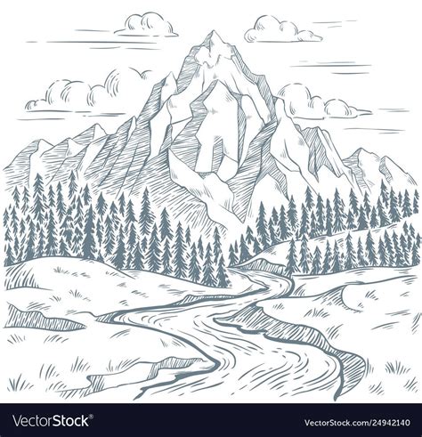 Mountains River Engraving Outdoors Travel Vector Image On Vectorstock