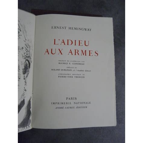 Hemingway Ladieu Aux Armes Trémois Imprimerie Nationale Sauret