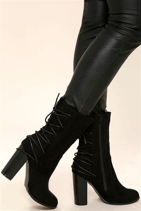 cool black suede boots high heel boots mid calf boots lace up boots 46 00 lulus