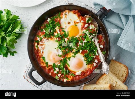 Shakshouka Eggs Poached In Sauce Of Tomatoes Olive Oil Mediterranean