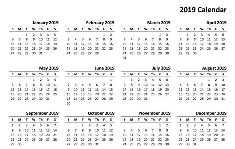 2019 Year Calendar Printable At A Glance