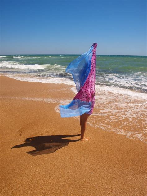 Little Girl Standing On Bright Sunny Sand Beach Stock Photo Image Of